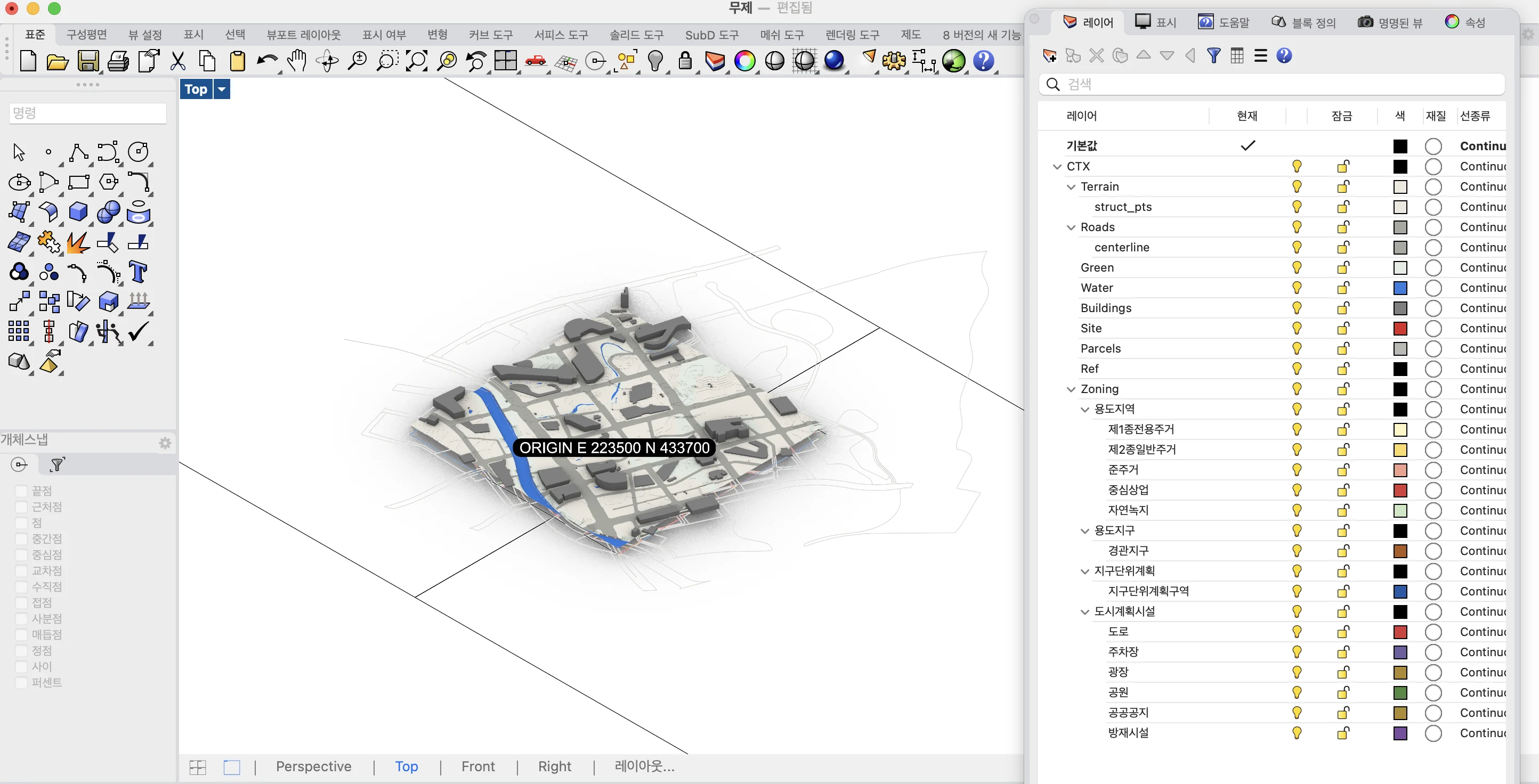 Rhino 透视视图中的 Gorani 3D模型和图层面板，建筑、道路、地形、水系和用地分区分别位于不同图层。