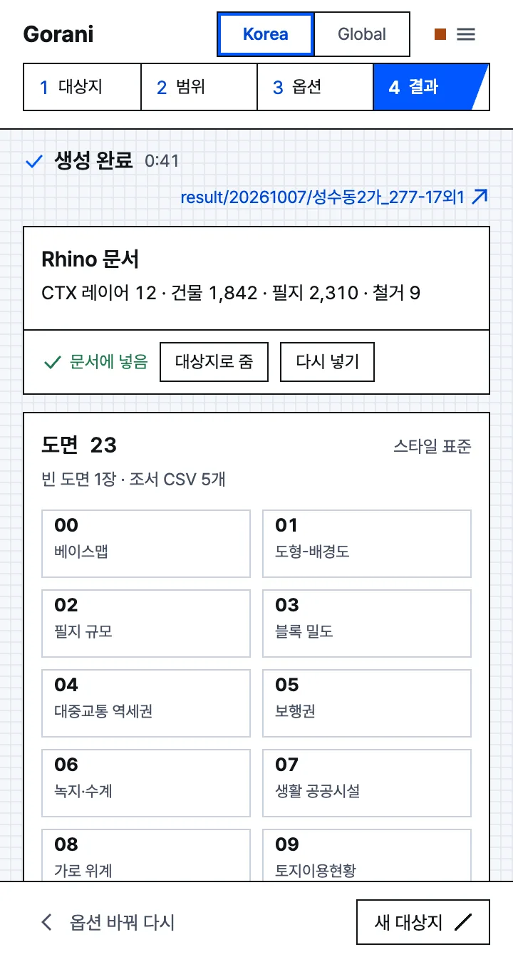 결과 단계. 생성 완료 41초, Rhino 문서에 건물 1,842동이 들어갔고 아래에 도면 23장 목록이 칸으로 나열되어 있다.